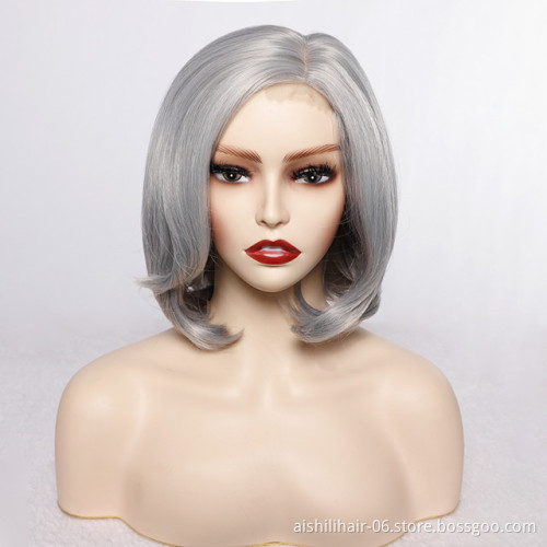 wholesale cheap lace frontal short bob wigs sliver-white natural wave synthetic hair wigs for women